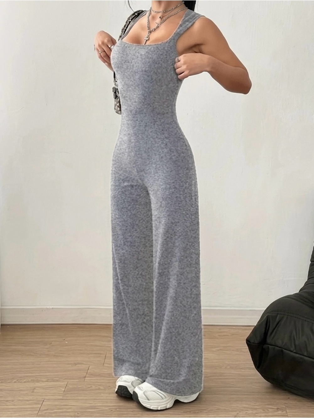 Classic Square Neck Wide-Leg Jumpsuit - Gray